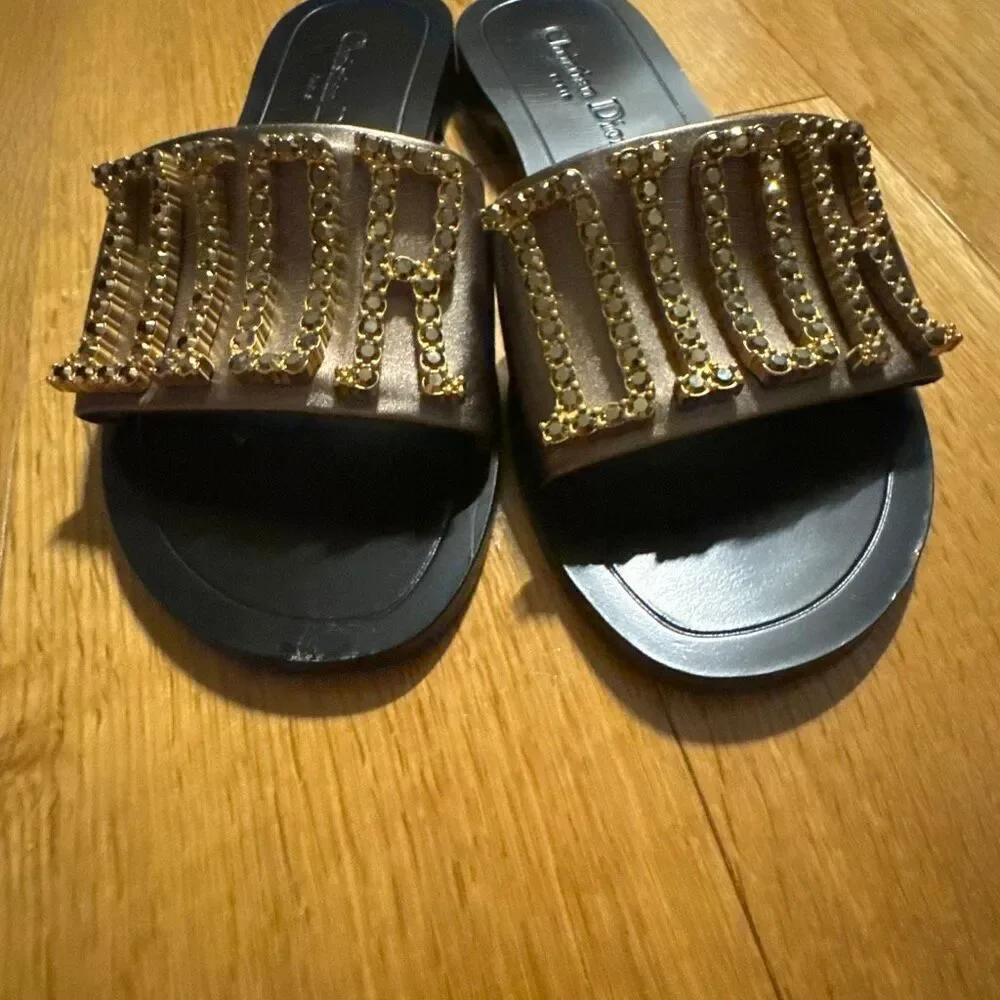 Dior Revolution Slides Black Leather and Rhinestones size 37